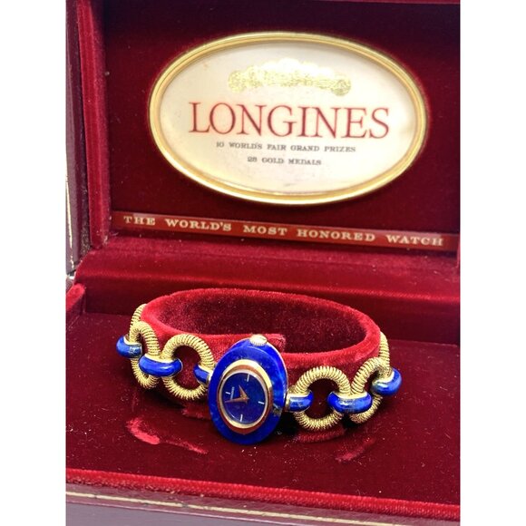 Longines Women's Watch Blue Lapis 18k Yellow Gold Vintage Swiss Hand Wind 27mm - Picture 3 of 14
